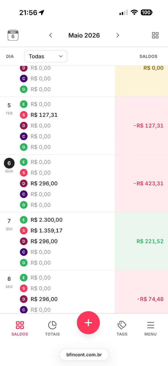 Tela de saldos diários do bfin